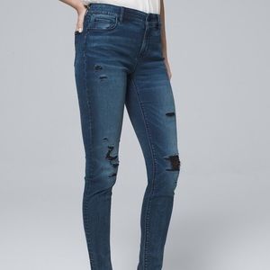 MID-RISE SEQUIN-DETAIL DESTRUCTED SKINNY JEANS 10L